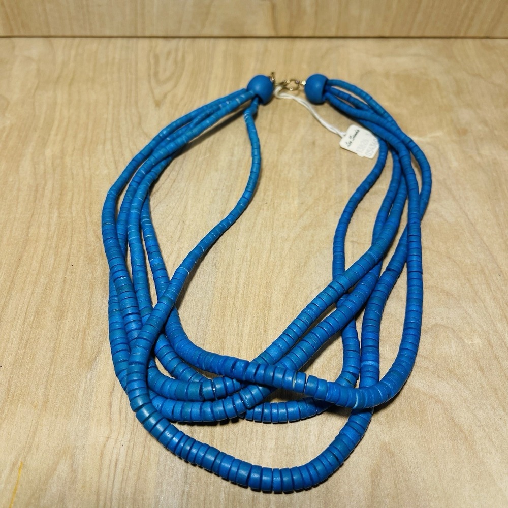 Vintage‎ Lee Sands Wood Bead Necklace 5 Strand Blue 18 Inch Tag Attached